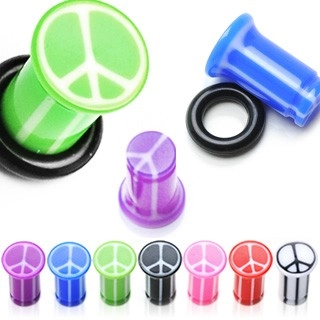 Színes fültágító plug - békejel, csíkos felület, fekete gumi - Vastagság: 10 mm, A piercing színe: Zöld