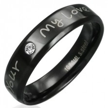 Gyűrű acélból - fekete felület, szerelmes üzenet, tiszta cirkónia