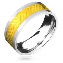 Minőségi acél gyűrű, arany-ezüst szín, vonalak fonott mintával