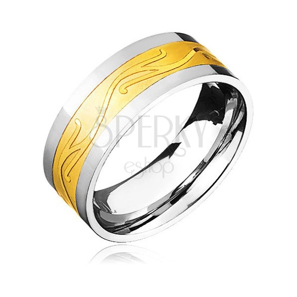 Sebészeti acél gyűrű, arany-ezüst kombináció, hullámos minta
