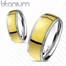 Titánium karikagyűrű - széles arany színű sáv bordázott szegéllyel
