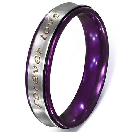 Foverer Love gyűrű acélból - ezüst színű sáv, lila szegélyek - Nagyság: 57