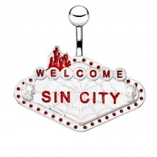 Acél köldökpiercing - "WELCOME SIN CITY" tábla