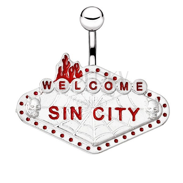 Acél köldökpiercing - "WELCOME SIN CITY" tábla