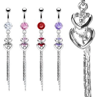 Köldök piercing - két szív keret és hosszú ezüst lánc - A cirkónia színe: Rózsaszín - P