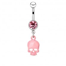 Piercing a köldökbe acélból - fényes rózsaszínű koponya, cirkónia
