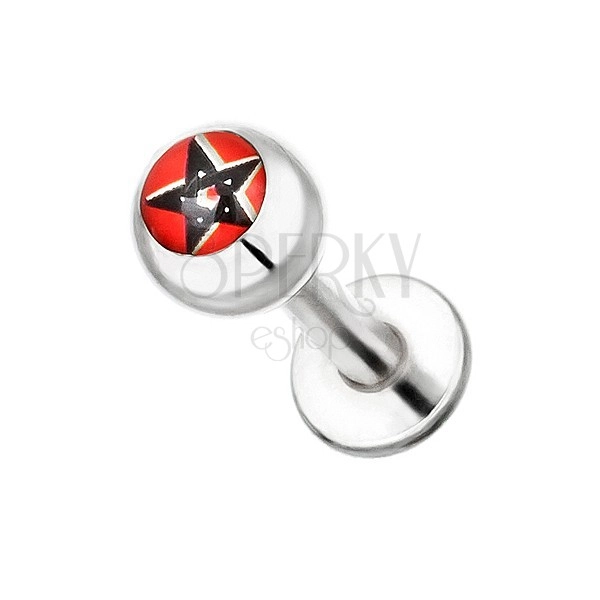 Áll és ajak piercing acélból - fekete pentagram piros alapon
