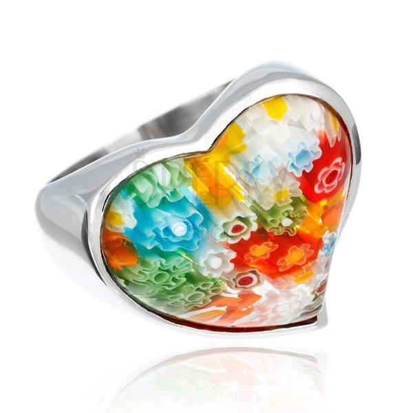 Masszív acélgyűrű - szívecske színes virágos üvegbetéttel