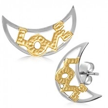 Kétszínű acél fülbevaló - félhold forma LOVE felirattal