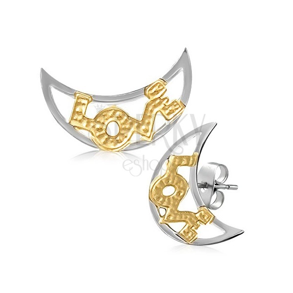 Kétszínű acél fülbevaló - félhold forma LOVE felirattal