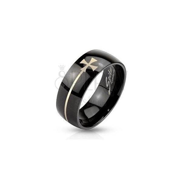 Fekete színű gyűrű acélból máltai kereszttel