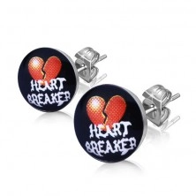 Fülbevaló acélból - kettétört szív, "HEART BREAKER" felirat