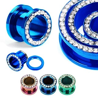 Színes, anodizált, titánium alagút a fülbe - cirkóniák körbe rendezve - Vastagság: 8 mm, A piercing színe: Kék