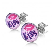 Acélfülbevaló - ajkak, "KISS" felirat, rózsaszínű háttér