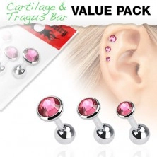 Három acél piercing a fülbe készletben kerek, rózsaszín cirkóniákkal