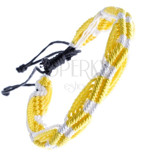 Színes kötött karkötő - sárga-fehér színű hullámok zsinórokból