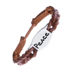 Keskeny karkötő bőrből - karamellszínű, "PEACE" tábla