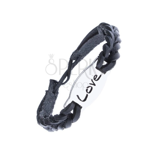 Fekete fonott karkötő bőrből - acél táblán "LOVE" felirat