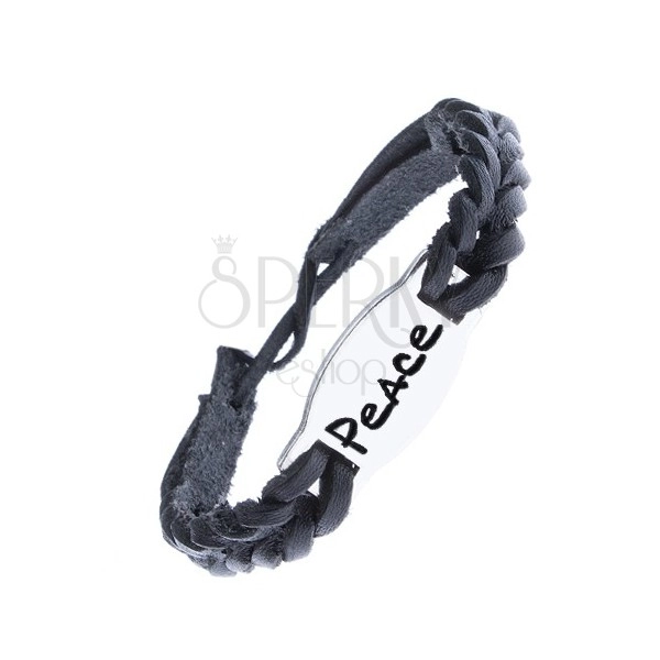 Fonott bőr karkötő - fekete, acél tábla "PEACE" felirat
