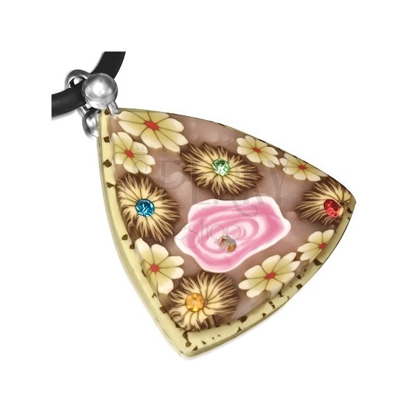 Bézs-barna FIMO nyaklánc, háromszög virágokkal és kövekkel