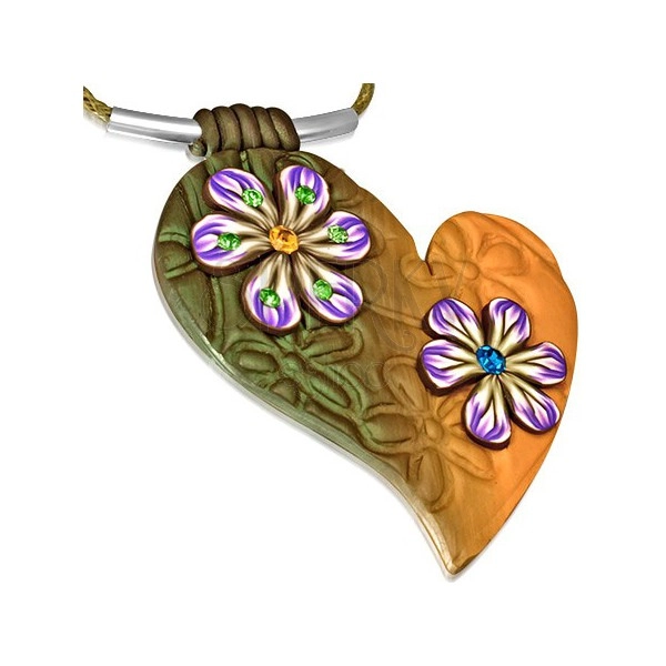 Nyaklánc, zöld-narancssárga FIMO szív, virágok cirkóniával