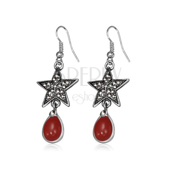 Fém fülbevaló - ötágú csillag cirkóniákkal és piros kővel