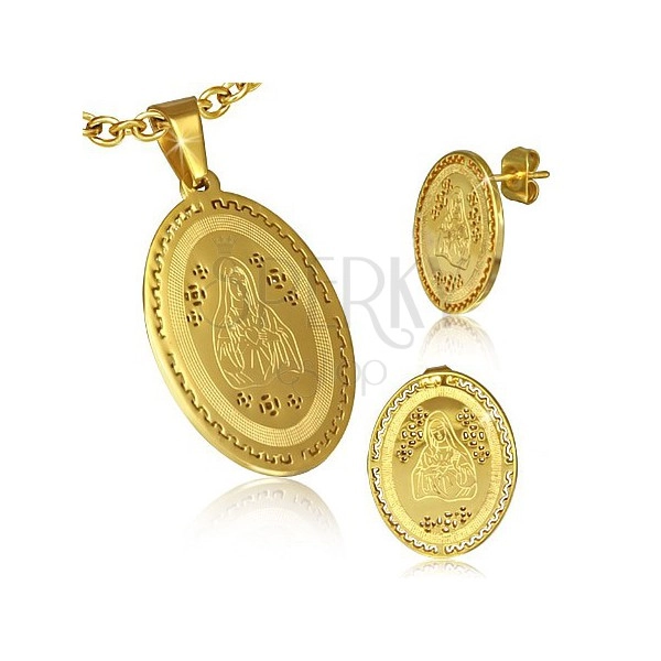 Készlet acélból - arany színű medál és fülbevaló, Szűz Mária, görög minta