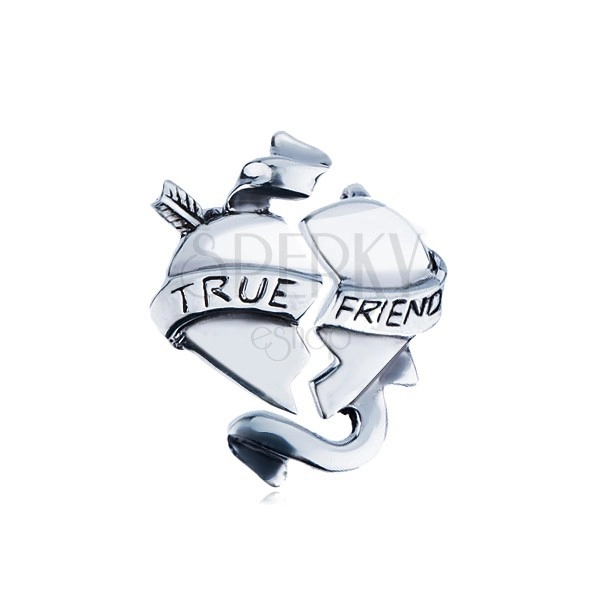 Kettős, ezüst medál - törött szív szalaggal "TRUE FRIEND"