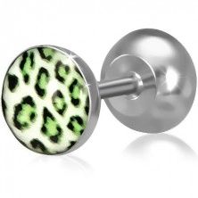 Hamis piercing a fülbe acélból, kör forma zöld leopárd mintával