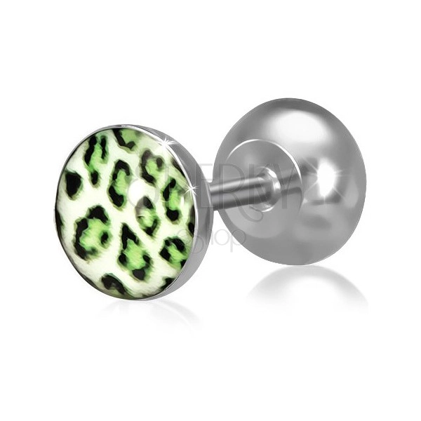 Hamis piercing a fülbe acélból, kör forma zöld leopárd mintával