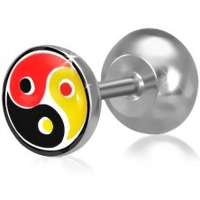 Fake plug a fülbe acélból, színes Yin-Yang motívum