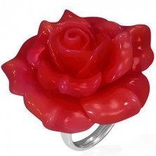 Acél gyűrű - piros kinyílt rózsa, gyanta