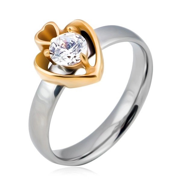 Acél gyűrű - ezüst színű kör és két arany színű szív cirkóniával - Nagyság: 54