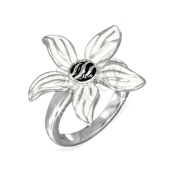 Acél gyűrű, fekete-fehér zománcos virág