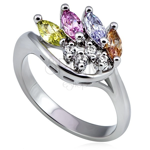 Ezüst színű gyűrű, korona színes és tiszta cirkóniákból
