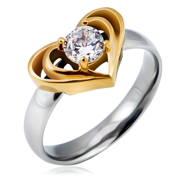Ezüstös gyűrű acélból arany színű dupla szívvel, tiszta cirkónia - Nagyság: 58