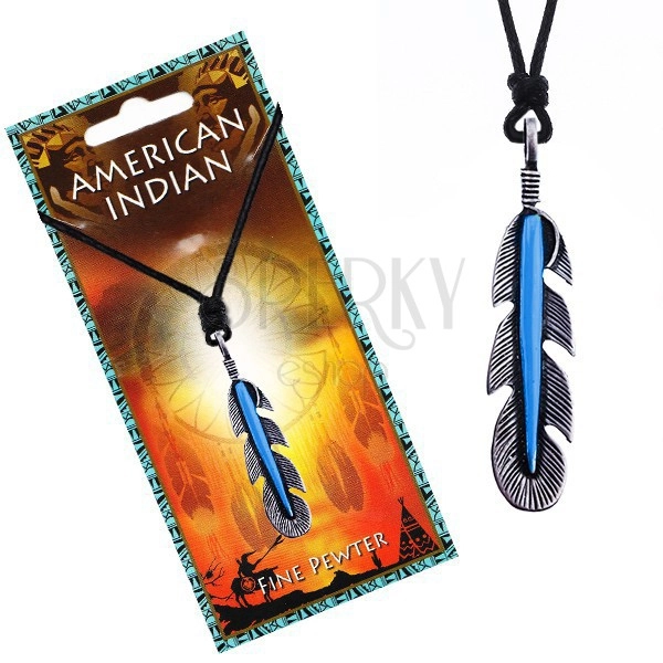 Madzagos nyaklánc - fekete, indián toll kék csíkkal