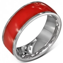 Acél gyűrű - fényes, piros karika, ezüstös szélek, 8 mm