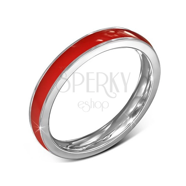 Vékony karika gyűrű sebészeti acélból - piros szín, ezüstös szegély, 3,5 mm