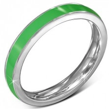 Vékony gyűrű acélból - karika, zöld sáv, ezüstös szegélyezés