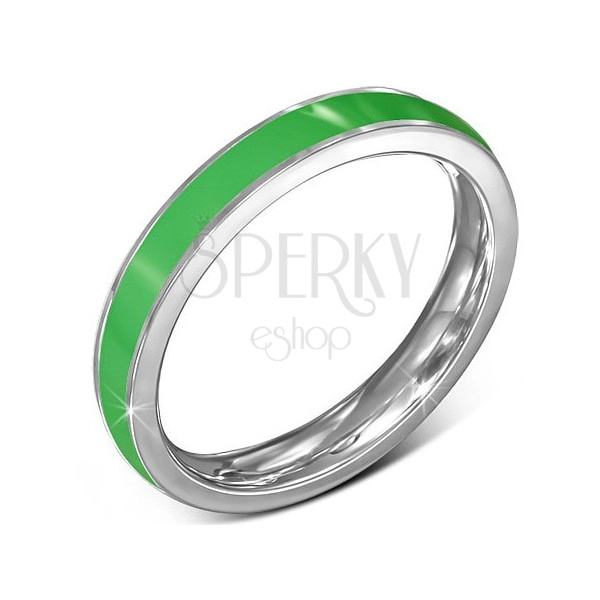 Vékony gyűrű acélból - karika, zöld sáv, ezüstös szegélyezés