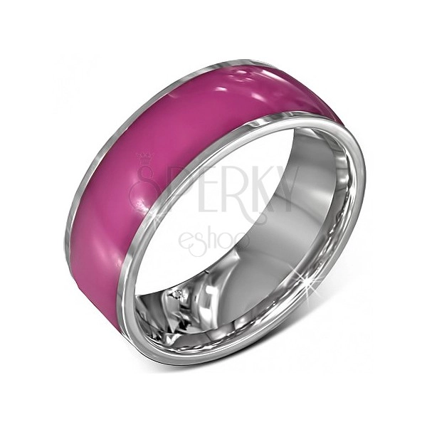 Acél karika gyűrű - fényes rózsaszín ezüstös szélekkel, 8 mm