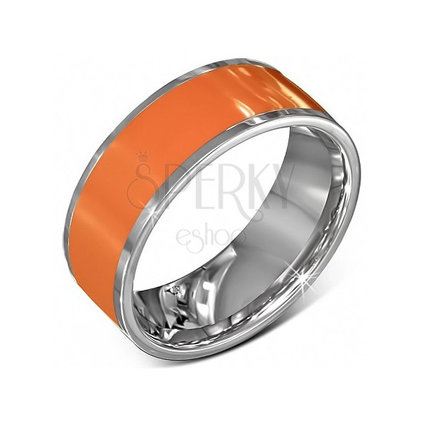 Sima acél karika gyűrű narancs színben ezüstös szegélyezéssel