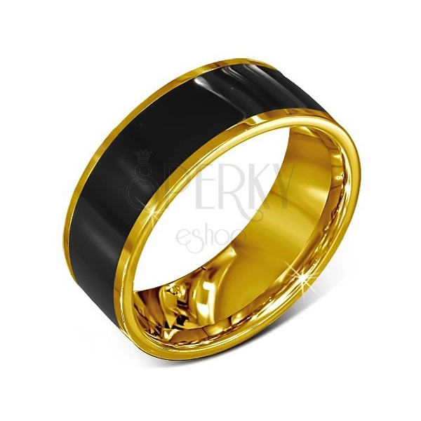 Gyűrű sebészeti acélból - sima, fekete karika, arany színű szegély
