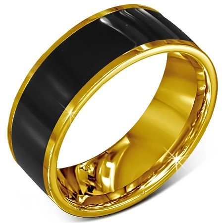 Gyűrű sebészeti acélból - sima, fekete karika, arany színű szegély - Nagyság: 67