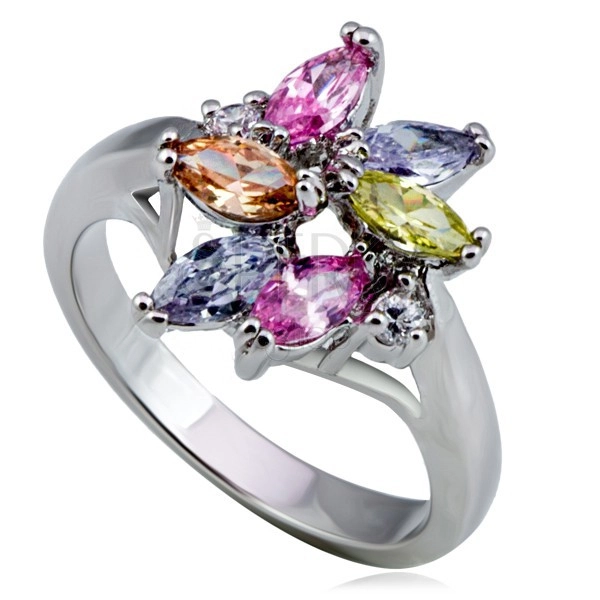Fényes fém gyűrű - virág, színes könnycsepp- és kör alakú cirkóniák