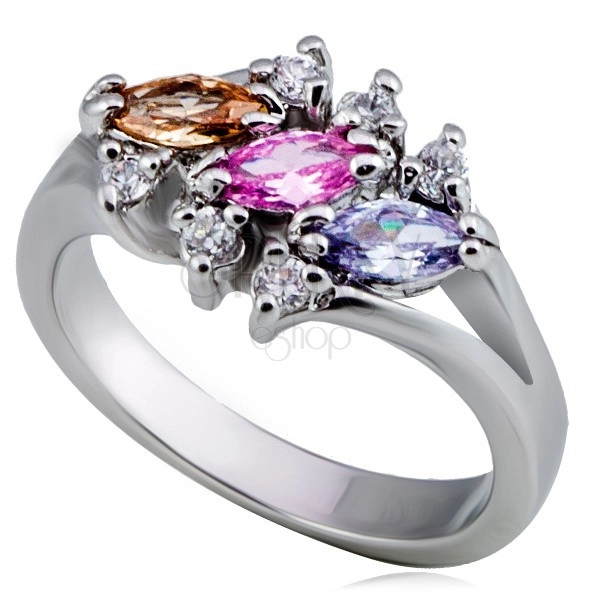 Fényes fém gyűrű - három színes, búzaszem cirkónia, pici, tiszta kövecskékkel