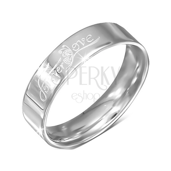 Acél karika gyűrű, ezüst szín, "Forever Love" felirat lepkével , 6 mm