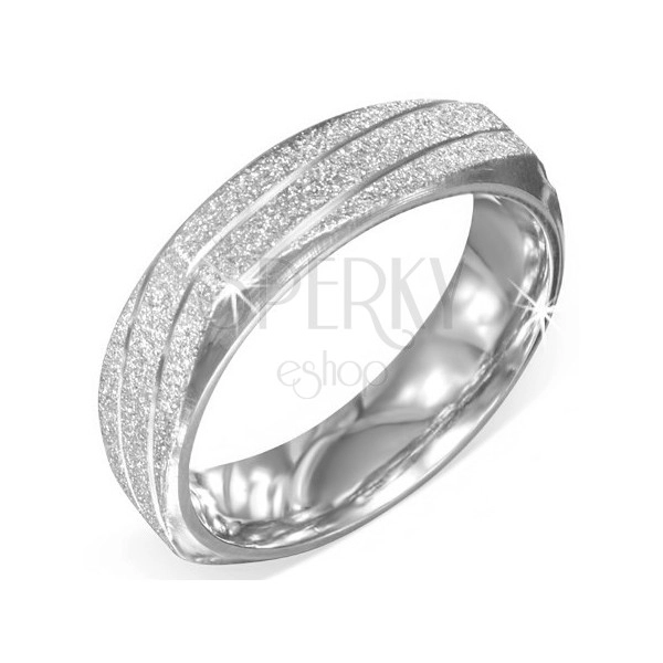Négyszögletes gyűrű acélból - ezüst szín, szemcsés felület, bevágások