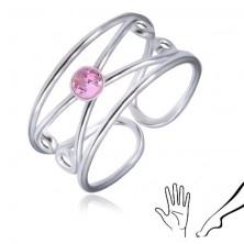 Gyűrű 925 ezüstből - rózsaszín, kerek cirkónia, dupla horog